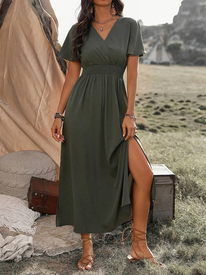 Women's Midi Dress – A-line – V-neck Wrap – Short Sleeves – Light and Breathable