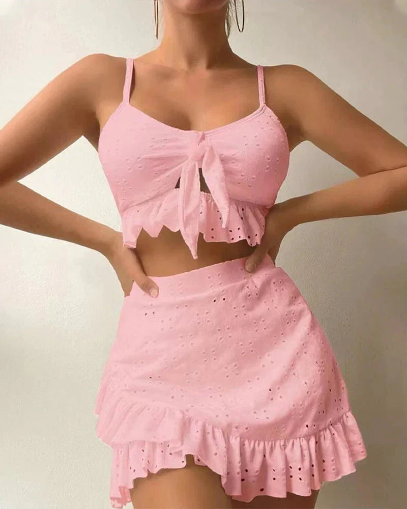 Women's Bikini Set – Relaxed Fit – Breathable Fabric – Broderie Anglaise – High Waist Skirt