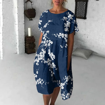 Women's Midi Dress – Loose Fit – Soft Breathable Fabric – Short Sleeve – Floral Print