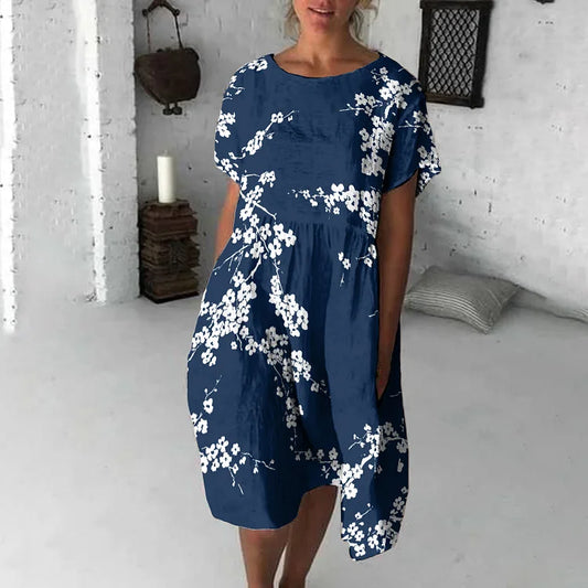 Women's Midi Dress – Loose Fit – Soft Breathable Fabric – Short Sleeve – Floral Print