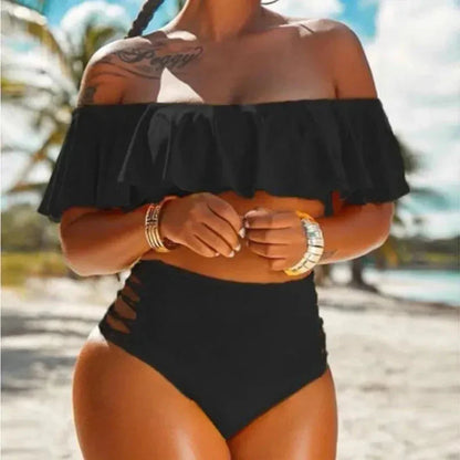 Women's Bikini Set – High Waist Fit – Side Cutouts – Off-Shoulder Ruffle Top
