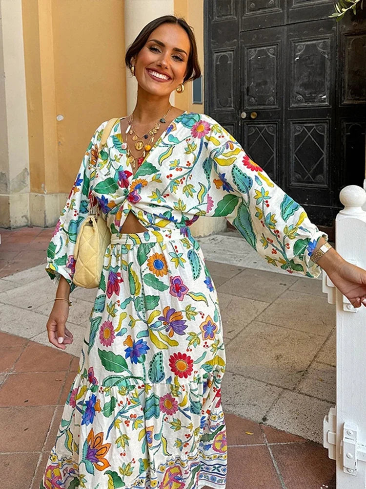 Women's Maxi Dress - Floral Print - Long-Sleeved with V-Neck - Loose Fit - Bohemian Style