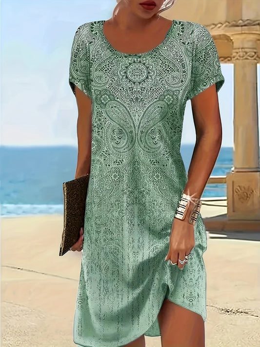 Women's midi dress – relaxed fit – patterned design – short sleeve – asymmetrical hem