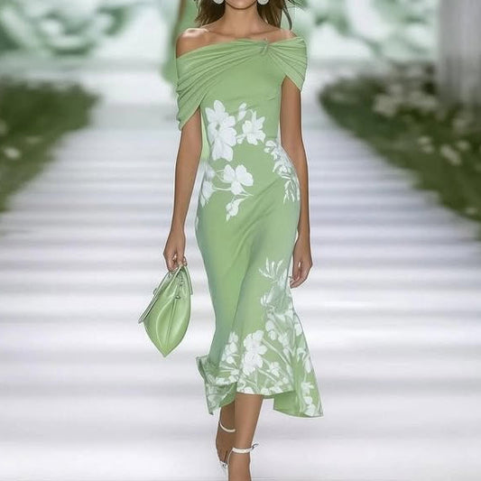 Women's Midi Dress – Off Shoulder – Fitted Fit – Floral Print – Breathable Material