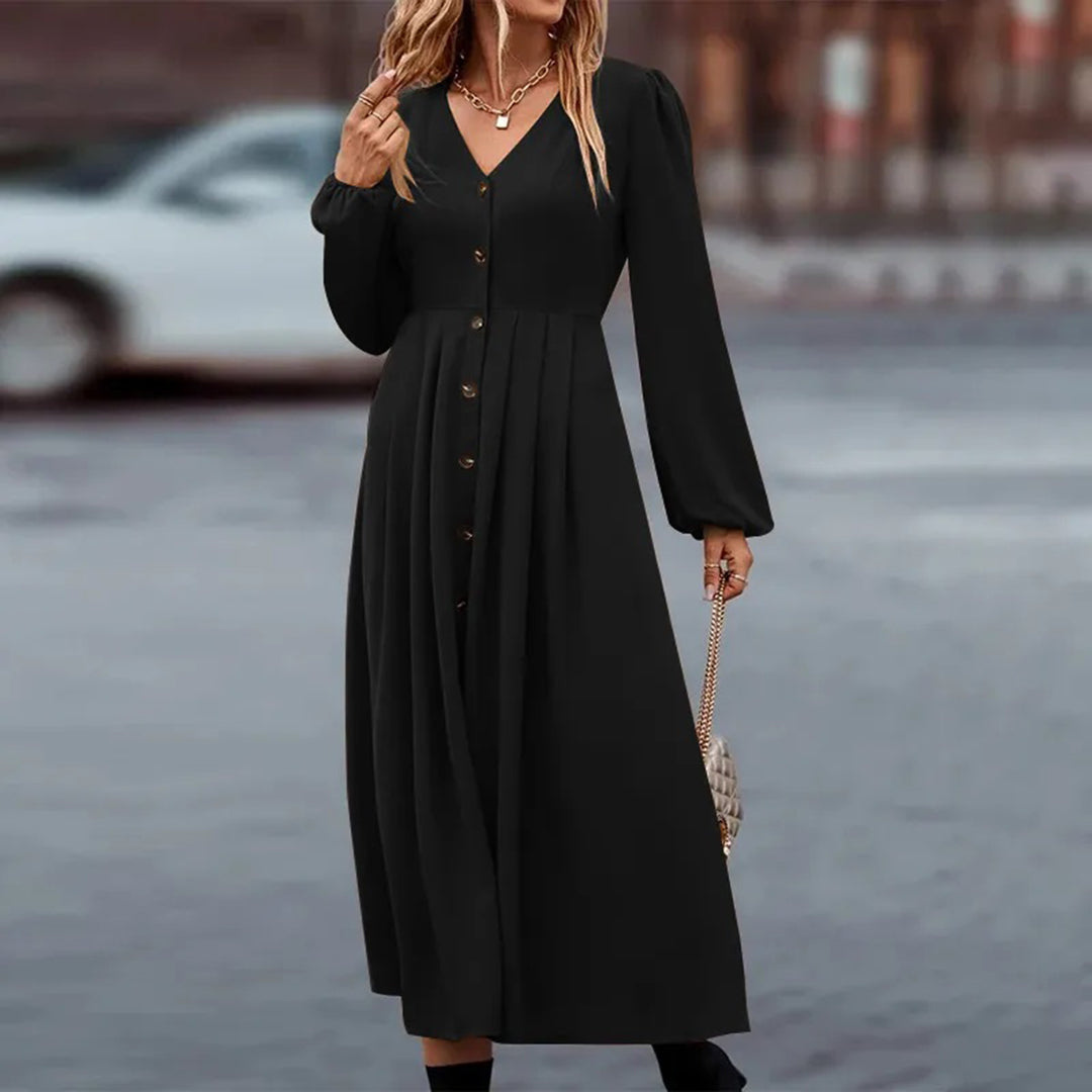 Women's Maxi Dress - V-Neck - Long Sleeves - Button Details - Elegant and Flowy Fit