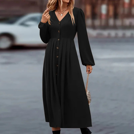 Women's Maxi Dress - V-Neck - Long Sleeves - Button Details - Elegant and Flowy Fit