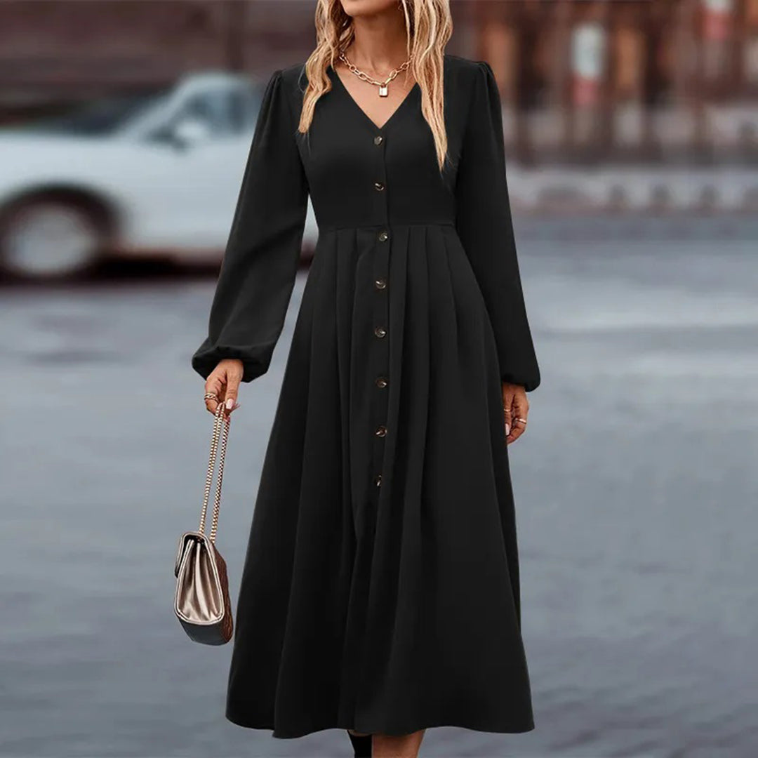Women's Maxi Dress - V-Neck - Long Sleeves - Button Details - Elegant and Flowy Fit