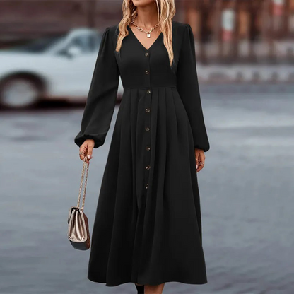 Women's Maxi Dress - V-Neck - Long Sleeves - Button Details - Elegant and Flowy Fit