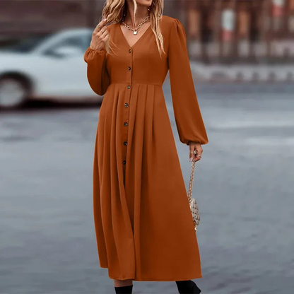Women's Maxi Dress - V-Neck - Long Sleeves - Button Details - Elegant and Flowy Fit