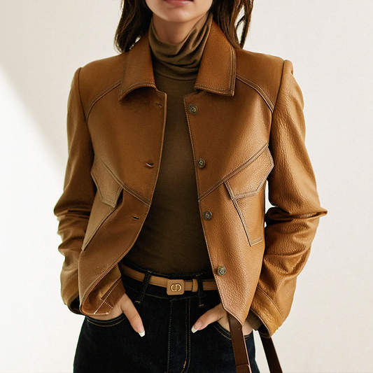 Amelia Faux Leather Tailored Cropped Jacket | Button Front Collared Jacket