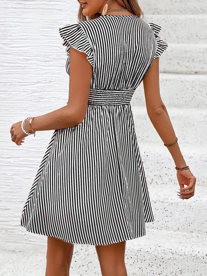 Women's Summer Dress - V-Neck - Ruffle Sleeves - Fitted Waist - Light and Breathable