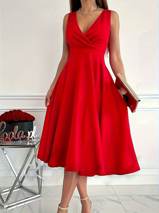 Women's Dress - Sleeveless A-line - V-neck - Elegant Knee-length Party Dress