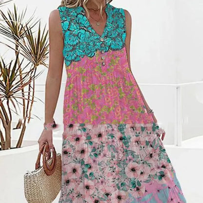 Women's Maxi Dress - Sleeveless V-Neck - Floral Pattern - Light and Breathable Fit