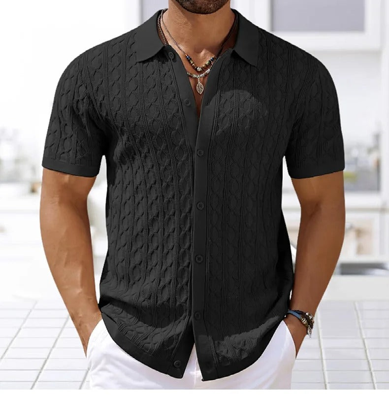 Men's Polo Shirt – Slim Fit – Jacquard Knit – Short-Sleeved – Button Closure Retro Style