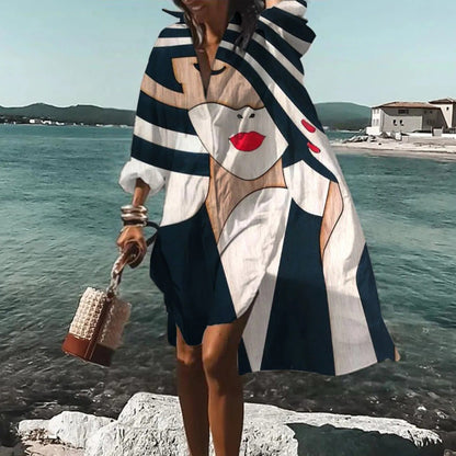 Women's A-line Dress – Relaxed Fit – Collar – Button Closure – Lightweight and Breathable – Midi Length