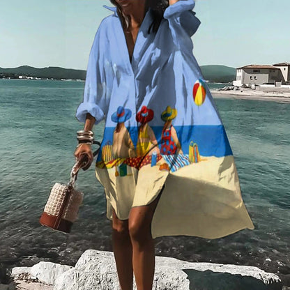 Women's A-line Dress – Relaxed Fit – Collar – Button Closure – Lightweight and Breathable – Midi Length