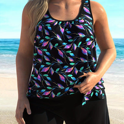 Women's Tankini Set – Relaxed Fit – Flowy Silhouette – Scoop Neck – Leaf Print