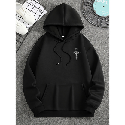 Men's Hoodie – Regular Fit – Soft Cotton – Compass Print – Kangaroo Pocket – Drawstring Hood