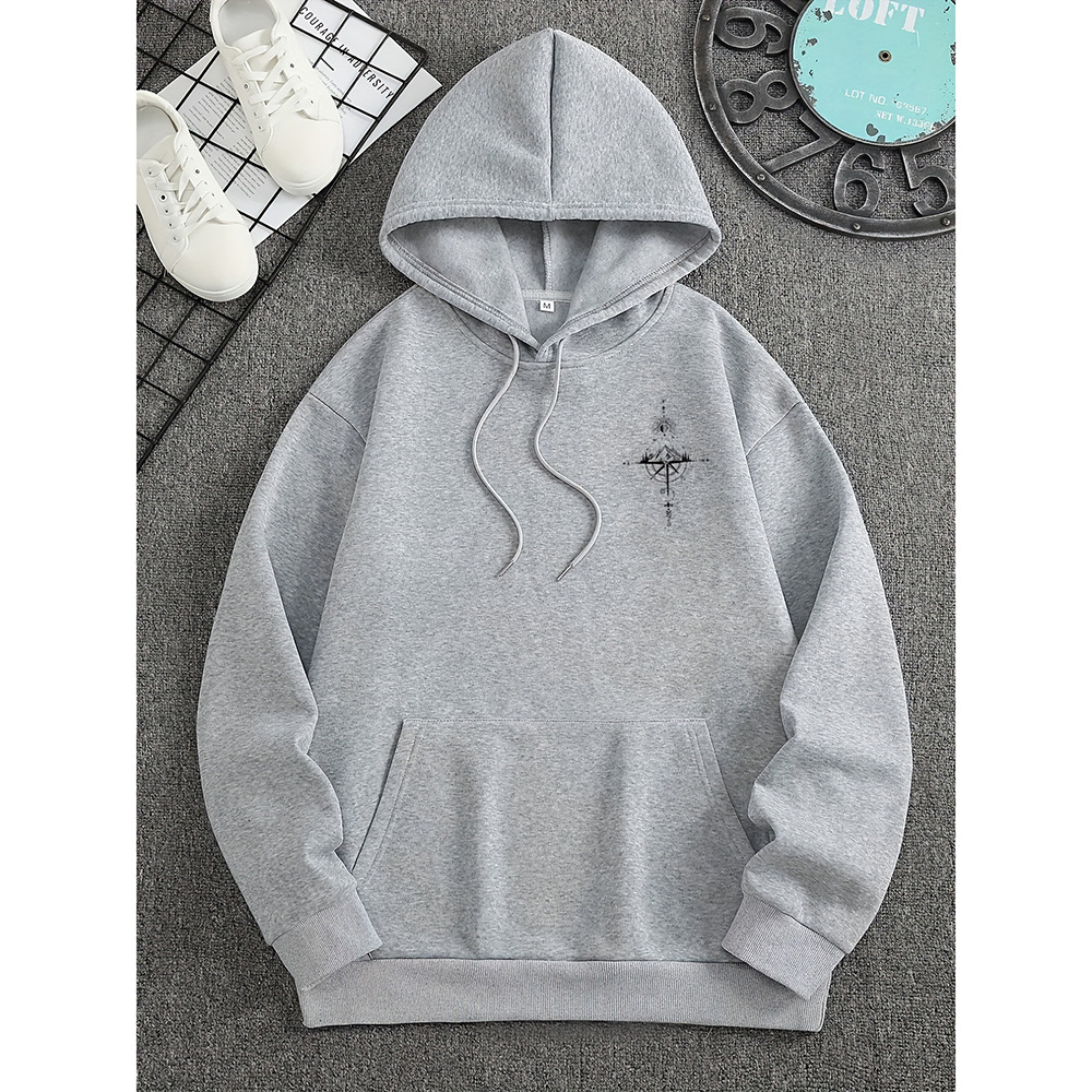 Men's Hoodie – Regular Fit – Soft Cotton – Compass Print – Kangaroo Pocket – Drawstring Hood