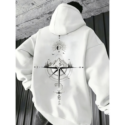 Men's Hoodie – Regular Fit – Soft Cotton – Compass Print – Kangaroo Pocket – Drawstring Hood