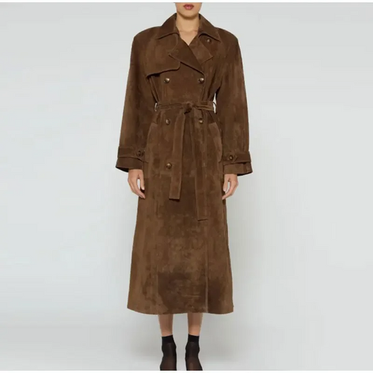 Women's Trench Coat – Suede Look – Belt at Waist – Double Breasted – Long Sleeves