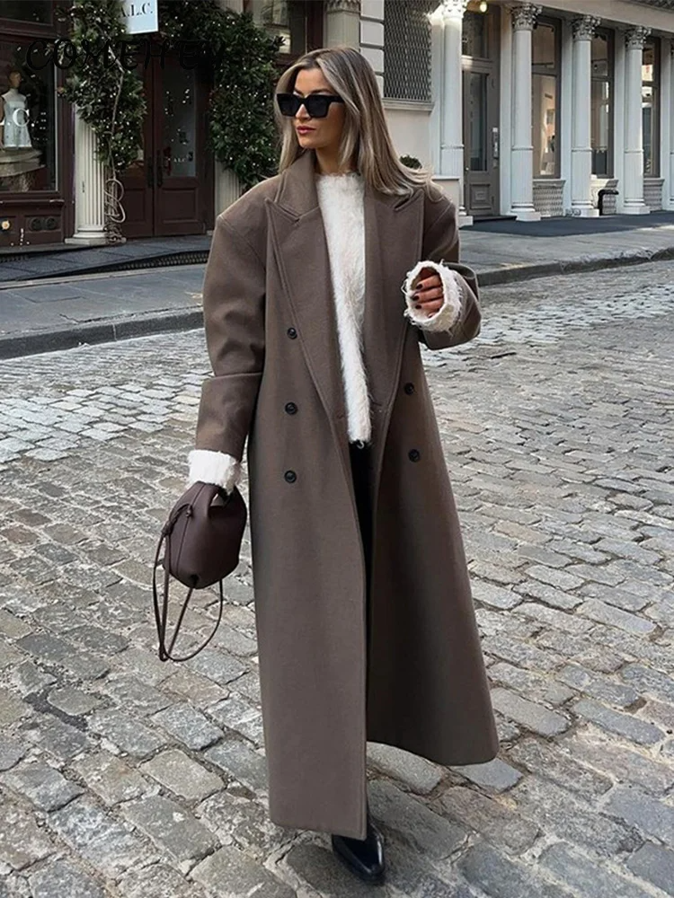 Women's Long Coat – Wool – Loose Fit – Double Breasted – Structured Shoulder – Long Sleeves