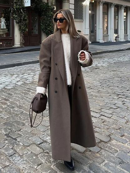 Women's Long Coat – Wool – Loose Fit – Double Breasted – Structured Shoulder – Long Sleeves