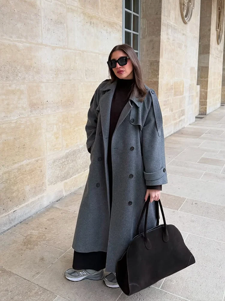 Women's Long Coat – Wool – Loose Fit – Double Breasted – Structured Shoulder – Long Sleeves