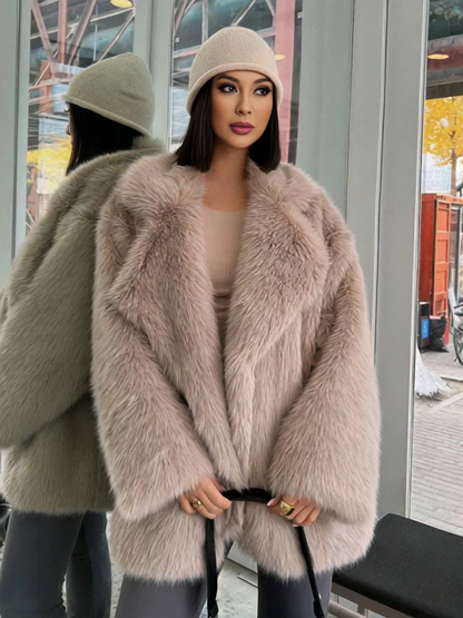 Women’s Coat - Faux Fur - Notched Lapel Collar - Belted Waist - Mid-Thigh Length