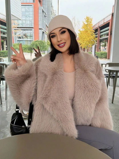 Women’s Coat - Faux Fur - Notched Lapel Collar - Belted Waist - Mid-Thigh Length