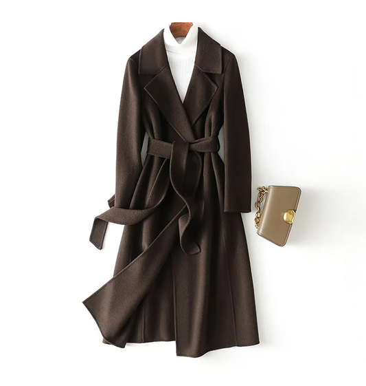 Women's Coat – Wool – Long Fit – Open Front – Belted Waist Elegant Details