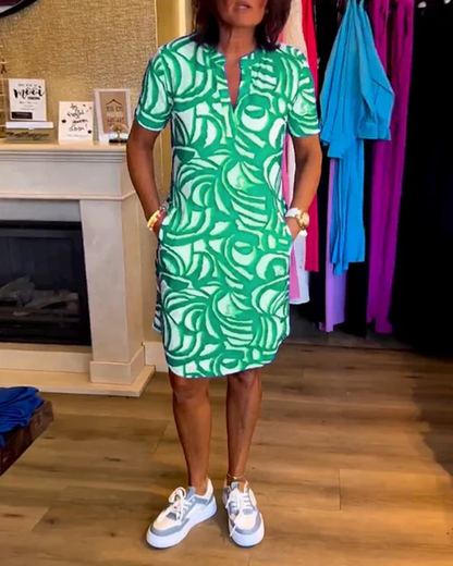 Women's Dress - V-neck - Shirt Dress Cut - Short Sleeves - Relaxed Fit