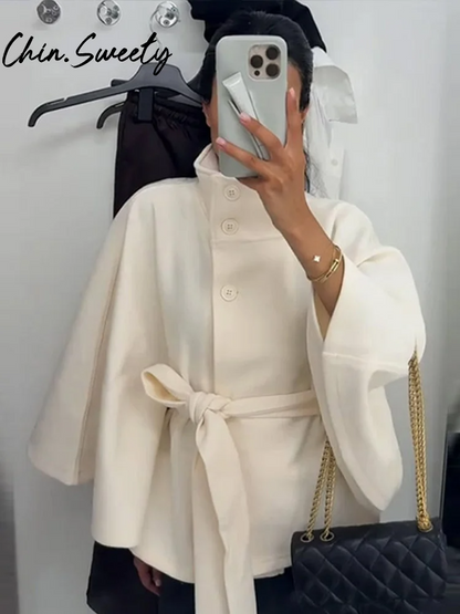 Women's Cape Jacket – Wool Blend – Belted Waist – High Neck – Loose Fit