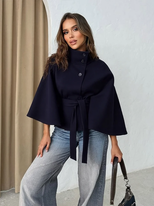 Women's Cape Jacket – Wool Blend – Belted Waist – High Neck – Loose Fit