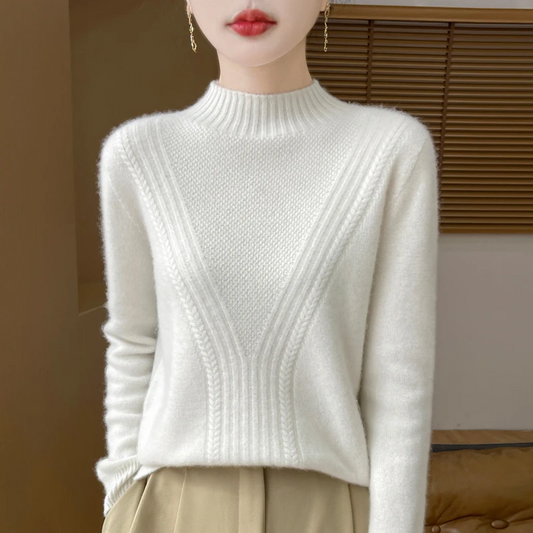 Women's Pullover Sweater – Relaxed Fit – Half-High Collar – Ribbed Design