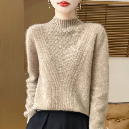 Women's Pullover Sweater – Relaxed Fit – Half-High Collar – Ribbed Design