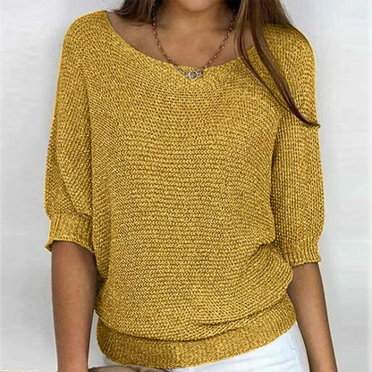 Women's Knit Sweater – Relaxed Fit – Puff Sleeves – Ribbed Edges – Soft Texture