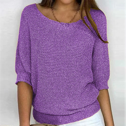 Women's Knit Sweater – Relaxed Fit – Puff Sleeves – Ribbed Edges – Soft Texture