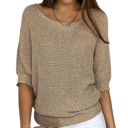 Women's Knit Sweater – Relaxed Fit – Puff Sleeves – Ribbed Edges – Soft Texture