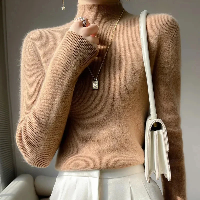 Women's Pullover Sweater – Slim Fit – Wool Blend Knit – Turtleneck – Ribbed Edges