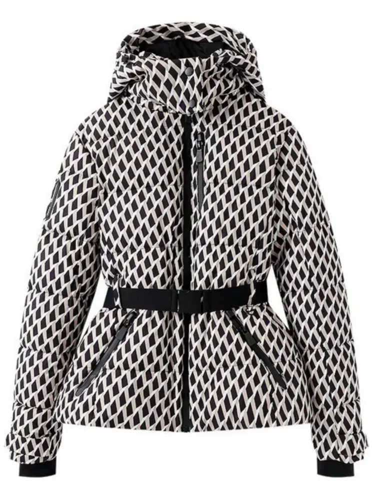 Women’s Ski Jacket - Insulated Fabric - Puffer Silhouette - Belted Waist - Hooded