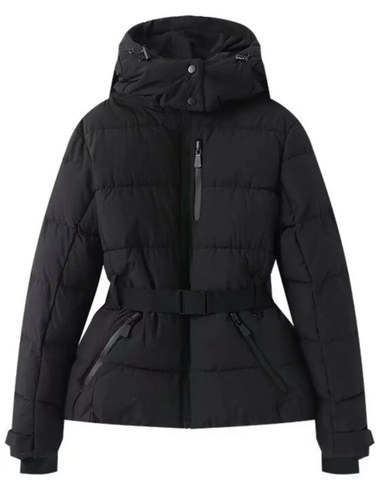 Women’s Ski Jacket - Insulated Fabric - Puffer Silhouette - Belted Waist - Hooded
