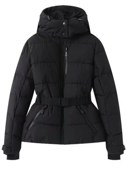 Women’s Ski Jacket - Insulated Fabric - Puffer Silhouette - Belted Waist - Hooded