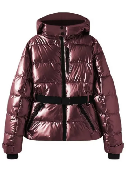 Women’s Ski Jacket - Insulated Fabric - Puffer Silhouette - Belted Waist - Hooded