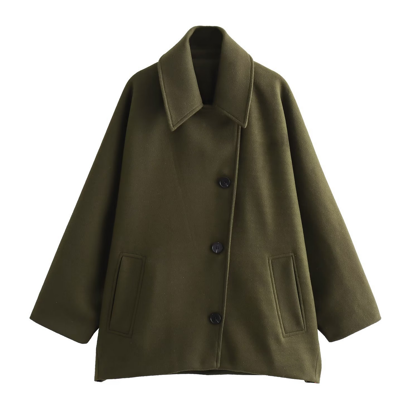 Women's Coat – Oversize Fit – Wool Look – Batwing Sleeves – Button Closure – Notched Collar