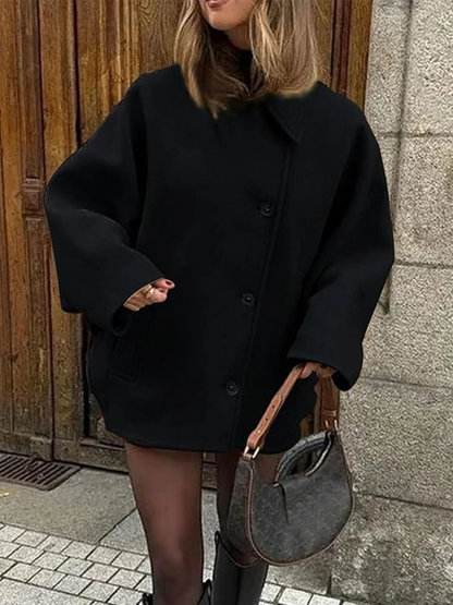 Women's Coat – Oversize Fit – Wool Look – Batwing Sleeves – Button Closure – Notched Collar