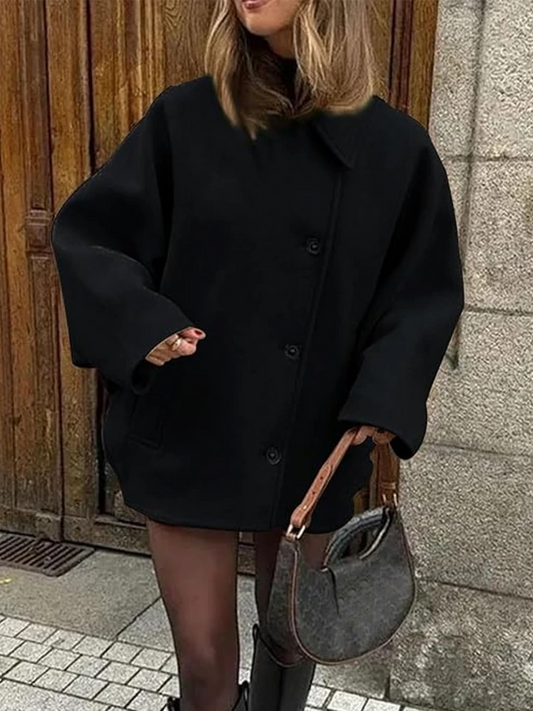 Women's Coat – Oversize Fit – Wool Look – Batwing Sleeves – Button Closure – Notched Collar