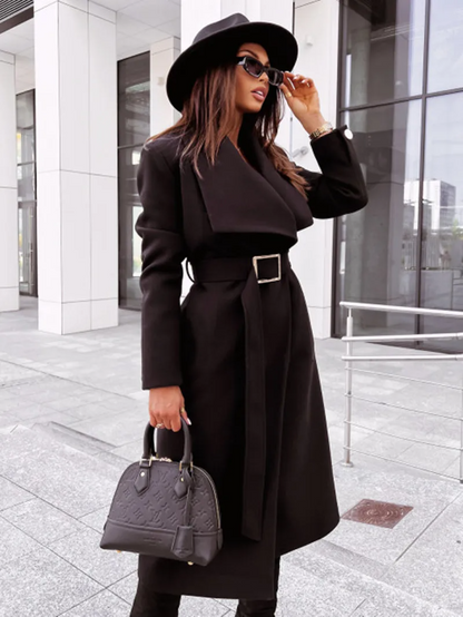 Women's Coat – Long Silhouette – Tailored Fit – Belt with Buckle – Button Closure