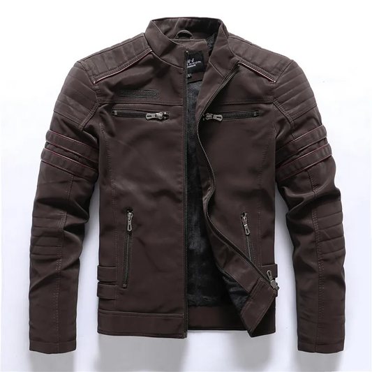 Men's Motorcycle Jacket – Slim Fit – Fleece Lining – Quilt Details – Zipper Pockets