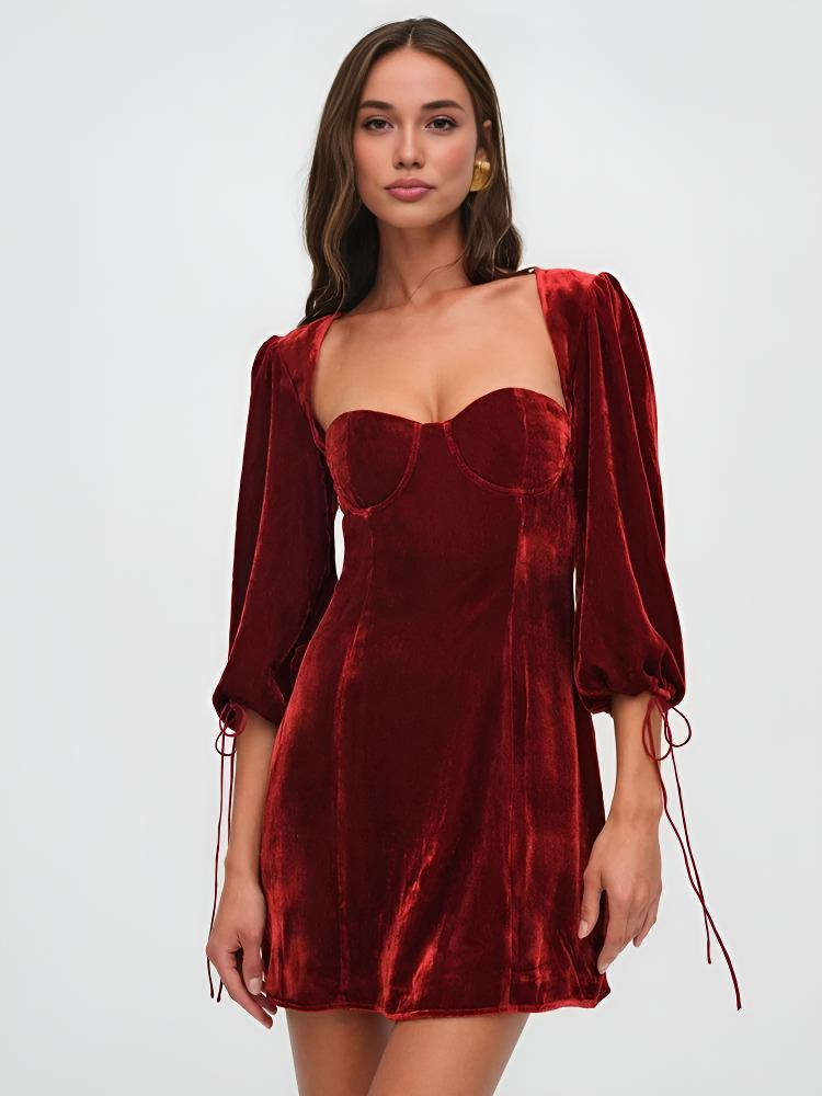 Dress for Women – Velvet Mini Dress – Slim Fit – Puff Sleeves – Sweetheart Neckline